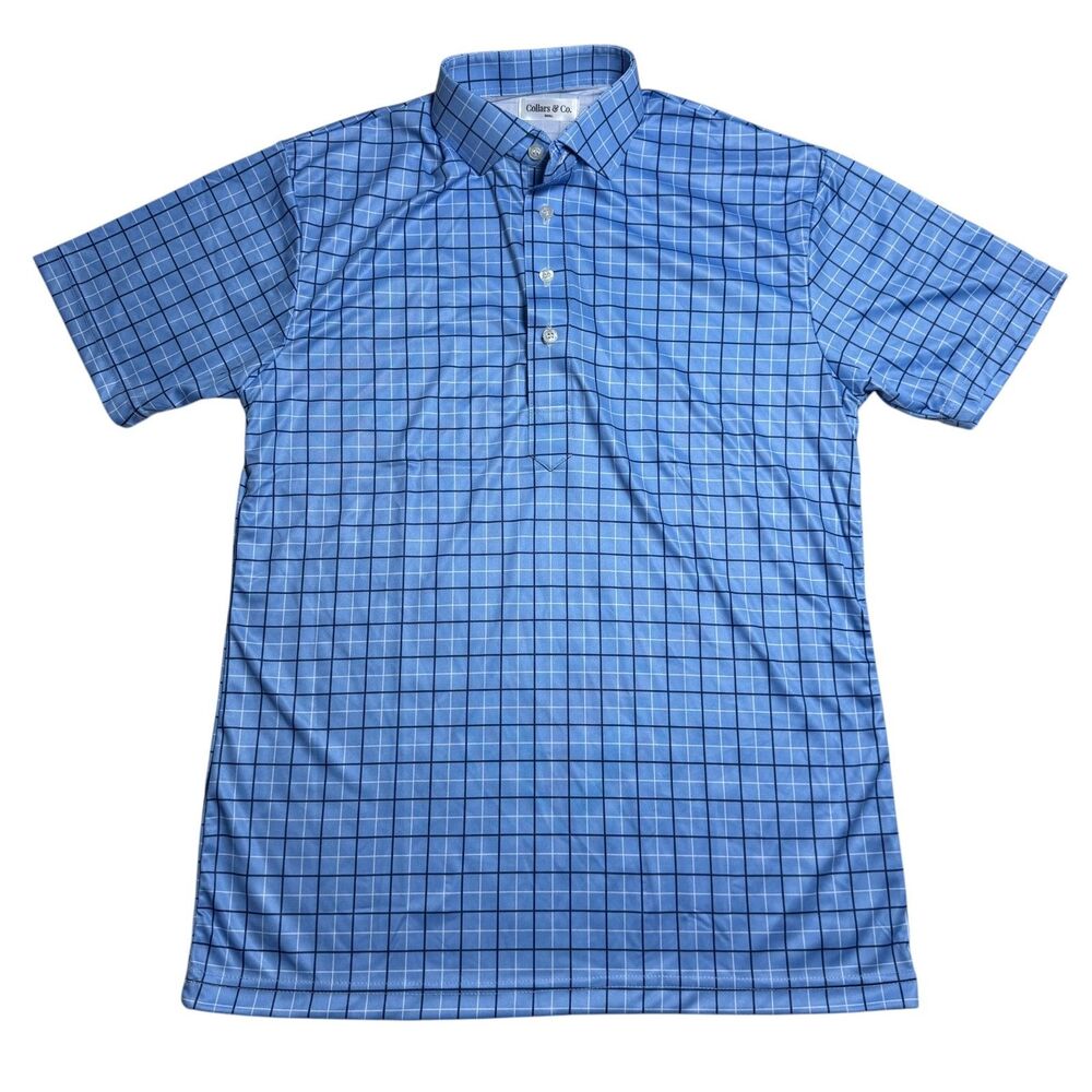 Collars & Co Mens Polo Size S Semi Spread Collar Pienza Blue Windowpane Golf